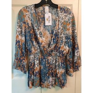 Womens M Medium Relaxed Floral Top Tiered Ruffle Bell Sleeve Blue Honeyme NWT